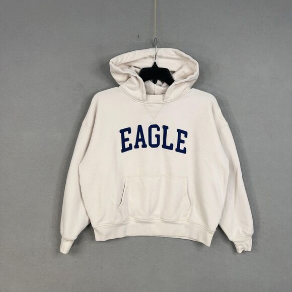 American Eagle Hoodie Womens 2XS White Pullover Fleece Kangaroo Pocket Spell Out - Picture 1 of 15